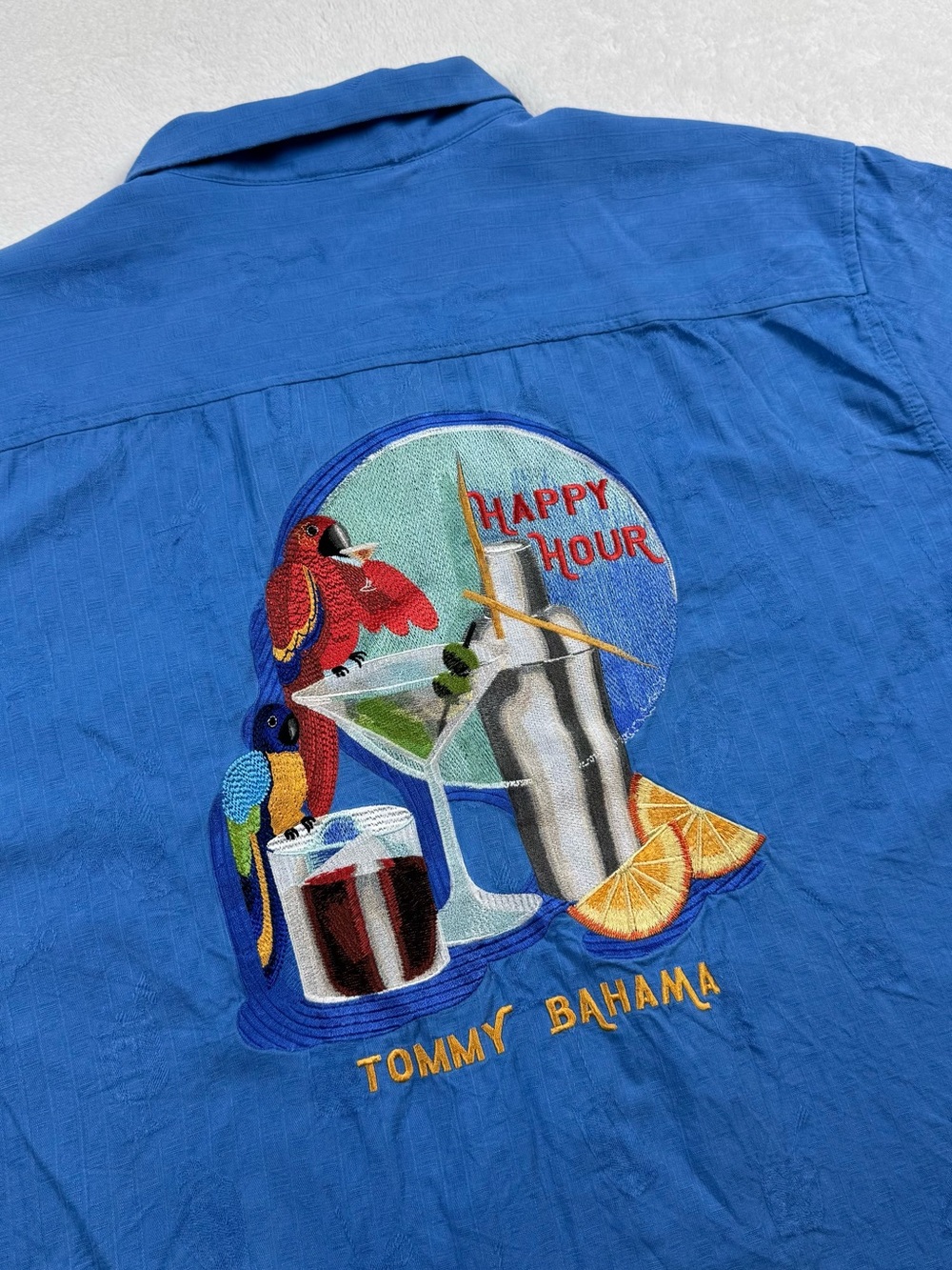 Tommy Bahama silk Hawaiian camp shirt men’s size 2XL blue happy hour embroidered